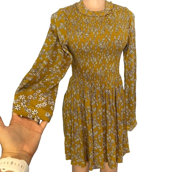 Patrons of Peace High Neck Mustard Yellow Smocked Floral Dress - Picture 2 of 11